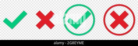 Green check mark, red cross mark icon. Design for web and mobile apps. Vector stick symbols, checklist signs, approval badge isolated on transparent b Stock Vector