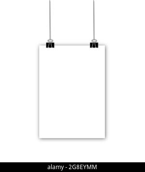 White poster hanging on binder. White wall with mock up empty paper blank Stock Vector