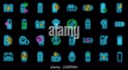 Battery icons set. Outline set of battery vector icons neon color on black Stock Vector
