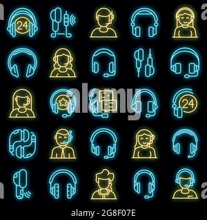 Headset icons set. Outline set of headset vector icons neon color on black Stock Vector