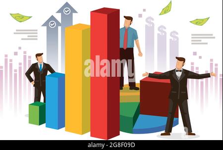 Businessmen and office workers study infographic column graphs, analyze the business data. Flat vector Illustration isolated. Stock Vector