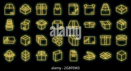 Box icons set. Outline set of box vector icons neon color on black Stock Vector