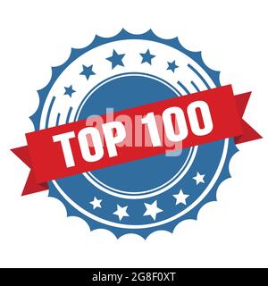 TOP 100 text on red blue ribbon badge stamp. Stock Photo