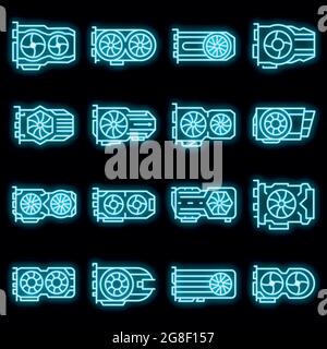 Graphics card icons set. Outline set of graphics card vector icons neon color on black Stock Vector