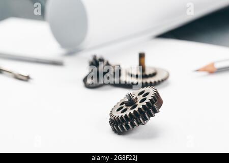 Engineering supplies and blueprints on workplace close up Stock Photo