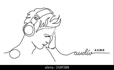 Man, guy in headphones simple vector banner, poster, background. ASMR concept. One continuous line drawing with text audio healing Stock Vector