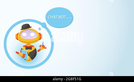 A cute chuck bot robot that appears in the interface window to answer user questions. Vector illustration in cartoon style, isolated flat, banner, log Stock Vector