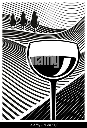 glass of wine in vineyard Stock Vector