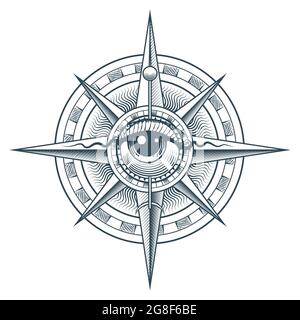 Tattoo of Wind Rose Compass with All Seeing Eye Inside. Esotric concept tattoo isolated on white. Vector illustration. Stock Vector