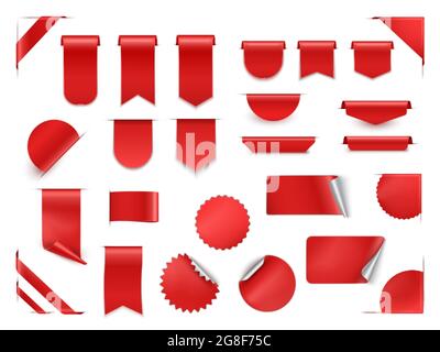 Realistic 3d red sale tags, labels, stickers and ribbons set. online shopping web banners. Stock Vector