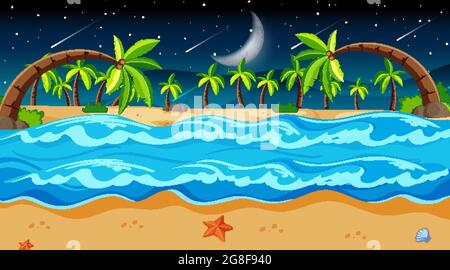 Empty beach landscape scene with many palm trees illustration Stock ...