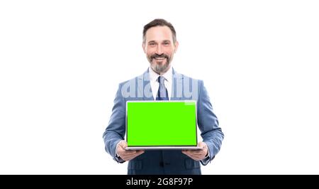 webinar pc advertisement. businessman presenting product. presentation on computer. Stock Photo