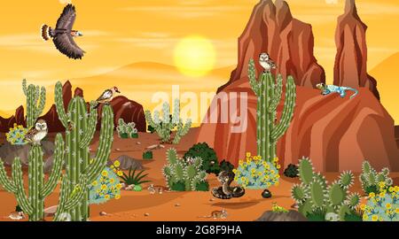 Desert forest landscape scene at sunset time with wild animals ...