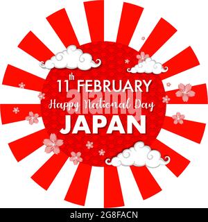 Happy Japan National Day font on Sun Rays banner illustration Stock Vector