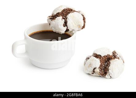 Cup of coffee and delicious brownie sweets on white background Stock Photo