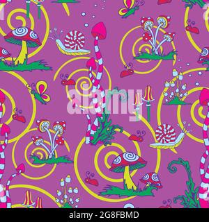 Seamless vector pattern with fantasy mushrooms on purple background. Dream like wallpaper design with magic forest. Colourful plant fashion textile. Stock Vector