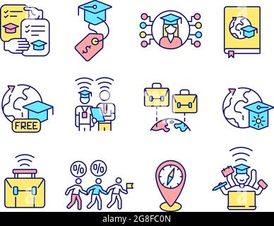 Virtual international internship RGB color icons set Stock Vector