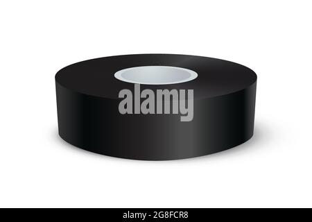 Black adhesive tape roll. Sticky duct paper rolled up vector illustration. Realistic plastic packaging tool on white background. Stock Vector