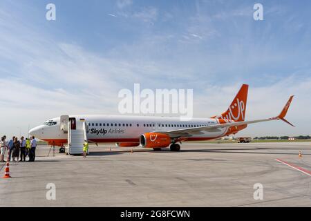 Ukraine, Odessa - July 16, 2021: Passenger aircraft Boeing 737-8Z0 SkyUp Airlines aircraft - UR-SQG at Odessa airport. Travel and flights. Stock Photo