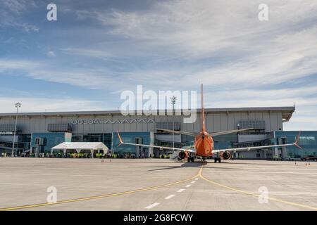 Ukraine, Odessa - July 16, 2021: Passenger aircraft Boeing 737-8Z0 SkyUp Airlines aircraft - UR-SQG at Odessa airport. Travel and flights. Stock Photo