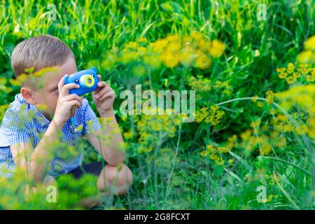 A cute preschool boy with a neat hairstyle in a blue shirt takes pictures of green plants on a hot summer day. Selective focus. Portrait Stock Photo