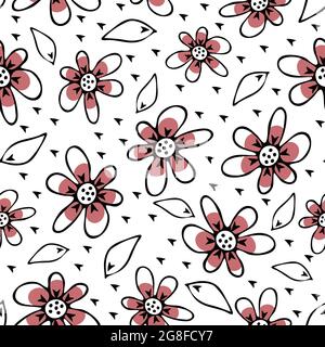 Seamless vector pattern with hand drawn flowers on white background. Simple floral sketch wallpaper design. Decorative summer fashion textile texture. Stock Vector