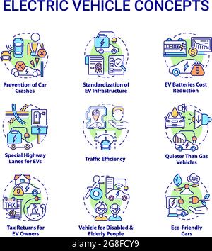 Electric vehicle round concept icons set. Stock Vector