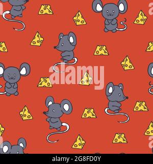 Seamless vector pattern with cute mice and cheese on red orange background. Animal wallpaper design for children. Stock Vector