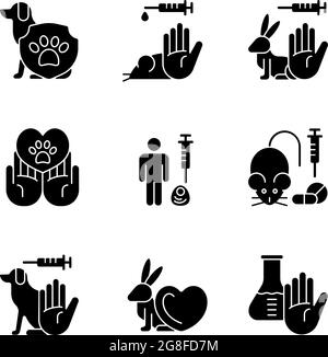 Stop animal testing black glyph icons set on white space Stock Vector
