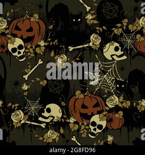 Seamless vector pattern with tombstones and pumpkins silhouette on grey background. Gothic Halloween wallpaper design with black cat. Stock Vector