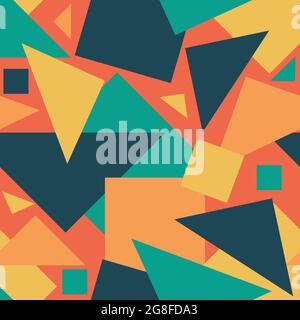 Seamless vector pattern with colourful geometrical shapes on light pink background. Fun textured wallpaper with squares and rectangles. Stock Vector