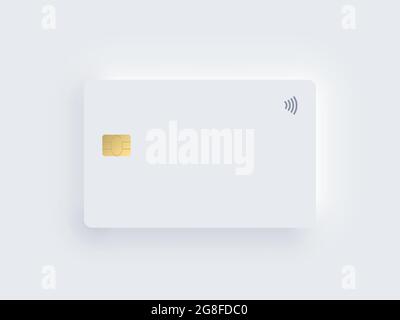 Neumorphism plastic bank credit card template with gold chip and shadow. Vector realistic object isolated on white background. Digital technology mock Stock Vector