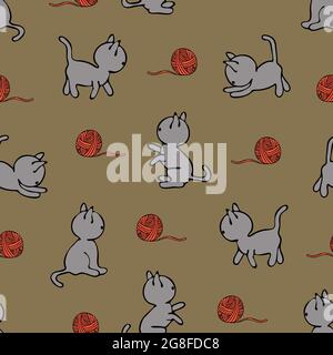 Seamless vector pattern of funny cartoon grey kittens playing with red yarn ball on brown background. Stock Vector