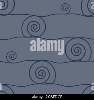 Seamless vector pattern with spiral line on blue background. Simple swirl line art wallpaper design. Modern fashion textile. Stock Vector