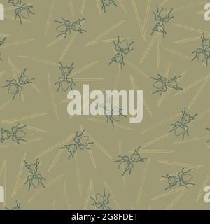 Seamless vector pattern with ant nest and thorns on grey background. Simple animal line art wallpaper design. Stock Vector