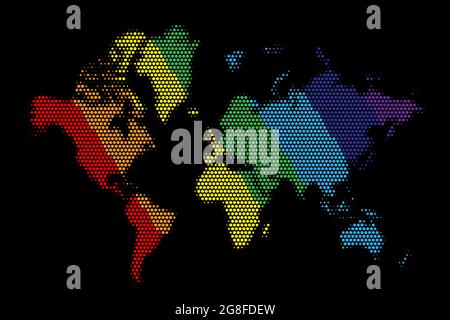 World map in colourful dots on black background. Earth continents in rainbow colours vector illustration. America, Asia, Africa, Australia, Europe in Stock Vector