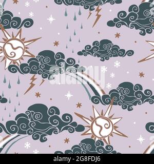 Seamless vector pattern with rainbow weather on pink background. Decorative cloudy wallpaper design. Happy sky fashion textile. Stock Vector