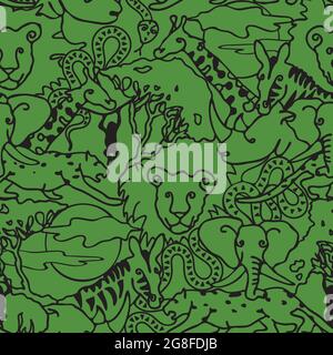 Seamless vector pattern animal line art on green background. Simple safari animal wallpaper design for children. Cute Savannah texture. Stock Vector