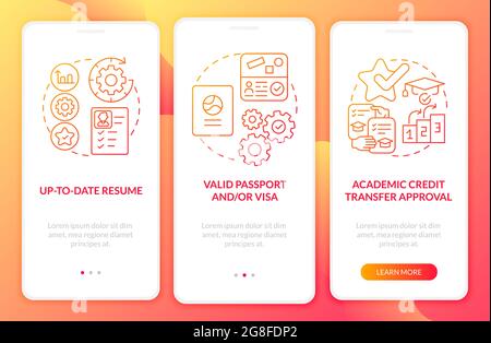 Traineeship abroad must-haves onboarding mobile app page screen Stock Vector
