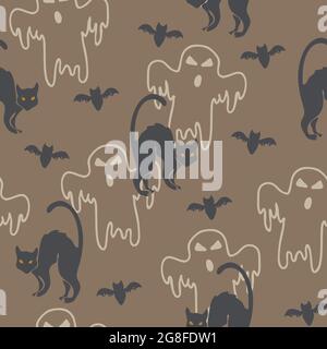 Seamless vector pattern with black cat and ghost on grey background. Ideal Halloween wallpaper design with bats. Scary fashion textile. Stock Vector