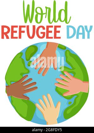 World Refugee Day banner with different colour people sign on world map ...