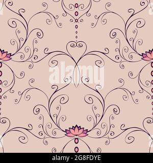 Seamless vector pattern with pink lotus flowers and curved lines on purple background. Romantic calm floral wallpaper design. Stock Vector