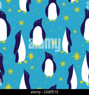 Seamless vector pattern with penguins and stars on blue background. Cute north pole wallpaper design. Winter fashion textile. Stock Vector