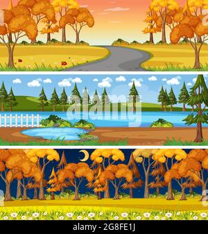 Set of different nature horizontal scenes illustration Stock Vector