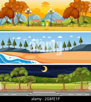 Set of different nature horizontal scenes illustration Stock Vector