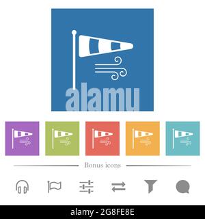 Windsock indicator with wind solid flat white icons in square backgrounds. 6 bonus icons included. Stock Vector