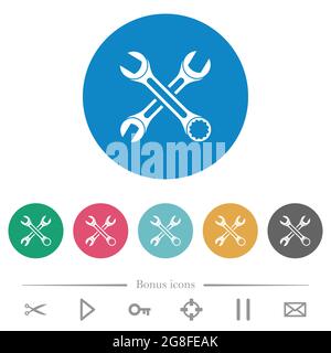 Two wrenches flat white icons on round color backgrounds. 6 bonus icons included. Stock Vector