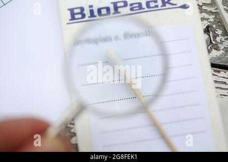 BioPack bag and a forensic cotton swab for securing blood and secretions, which is part of the police's forensic investigation at a crime scene. Stock Photo