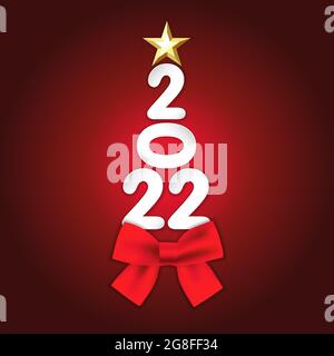 2022 Happy New Year, tree with paper number and golden star. Xmas sale seasonal vector background, ad leaflet with Christmas tree, red bow & gold star Stock Vector
