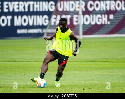 Leipzig, Germany. 20th July, 2021. Football: Bundesliga, Training RB Leipzig at the Red Bull Academy. RB newcomer Brian Brobbey trains on the pitch. Credit: Hendrik Schmidt/dpa-Zentralbild/dpa - IMPORTANT NOTE: In accordance with the regulations of the DFL Deutsche Fußball Liga and/or the DFB Deutscher Fußball-Bund, it is prohibited to use or have used photographs taken in the stadium and/or of the match in the form of sequence pictures and/or video-like photo series./dpa/Alamy Live News Stock Photo